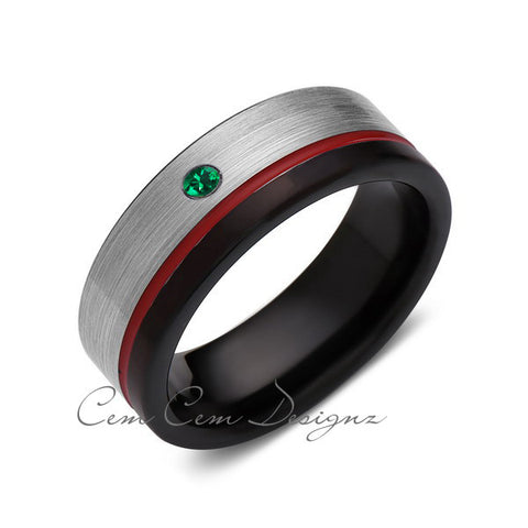 8mm,Green Emerald,Mens Diamond Ring,Gray,Black Brushed, Red Groove,Tungsten Ring,Wedding Band,Red,Comfort Fit - LUXURY BANDS LA