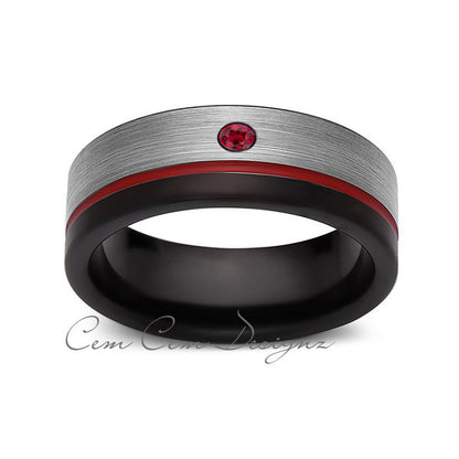 8mm,Mens,Red Ruby,Red Ring,Gray,Black,Brushed,Red Band,Tungsten Ring,Wedding Band,Comfort Fit - LUXURY BANDS LA