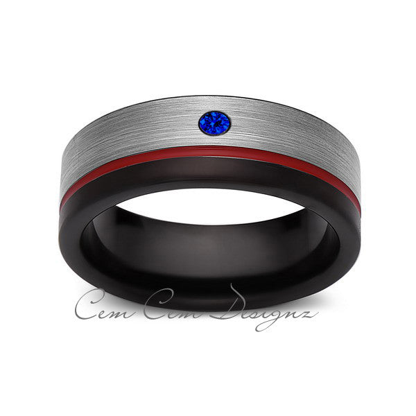 8mm,Blue Sapphire,Mens Diamond Ring,Gray,Black Brushed, Red Groove,Tungsten Ring,Wedding Band,Red,Comfort Fit - LUXURY BANDS LA