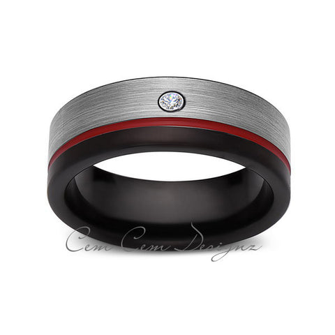 8mm,Mens,Diamond,Red Ring,Gray,Black,Brushed,Red Band,Tungsten Ring,Wedding Band,Comfort Fit - LUXURY BANDS LA