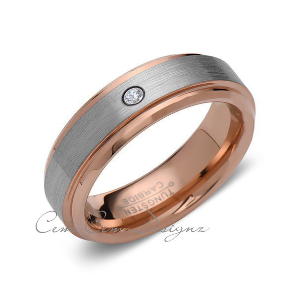 6mm,Mens,Diamond,Rose Gold,Wedding Band,,Gray,Brushed,Rose Gold,Tungsten Ring,Comfort Fit - LUXURY BANDS LA