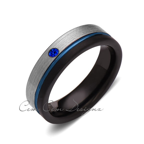6mm,Blue Sapphire,Mens Diamond Ring,Gray,Black Brushed, Blue Groove,Tungsten Ring,Wedding Band,Blue,Comfort Fit - LUXURY BANDS LA