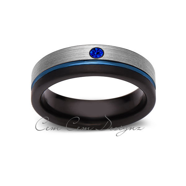 6mm,Blue Sapphire,Mens Diamond Ring,Gray,Black Brushed, Blue Groove,Tungsten Ring,Wedding Band,Blue,Comfort Fit - LUXURY BANDS LA