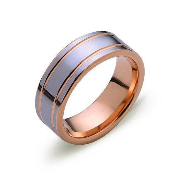 Rose Gold Tungsten Wedding Ring - High Polish Silver Tungsten Band - 8mm - Mens Ring - Tungsten Carbide - Engagement Band - Comfort Fit - LUXURY BANDS LA