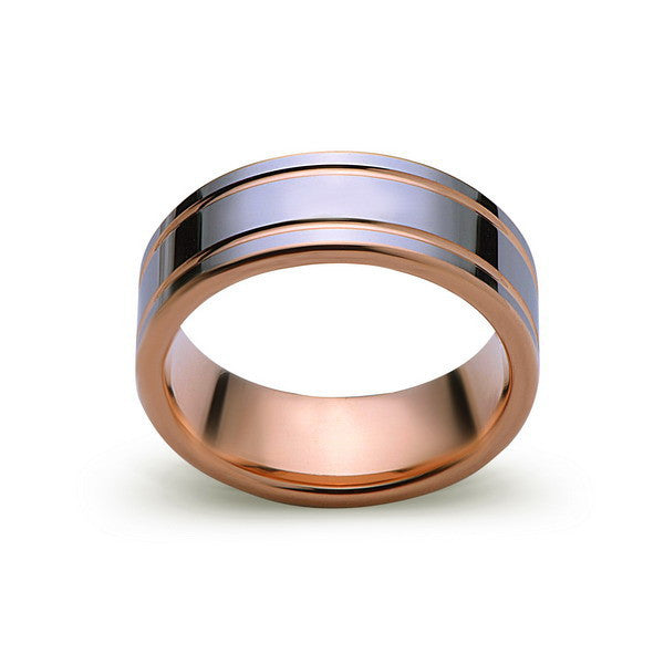 Rose Gold Tungsten Wedding Ring - High Polish Silver Tungsten Band - 8mm - Mens Ring - Tungsten Carbide - Engagement Band - Comfort Fit - LUXURY BANDS LA