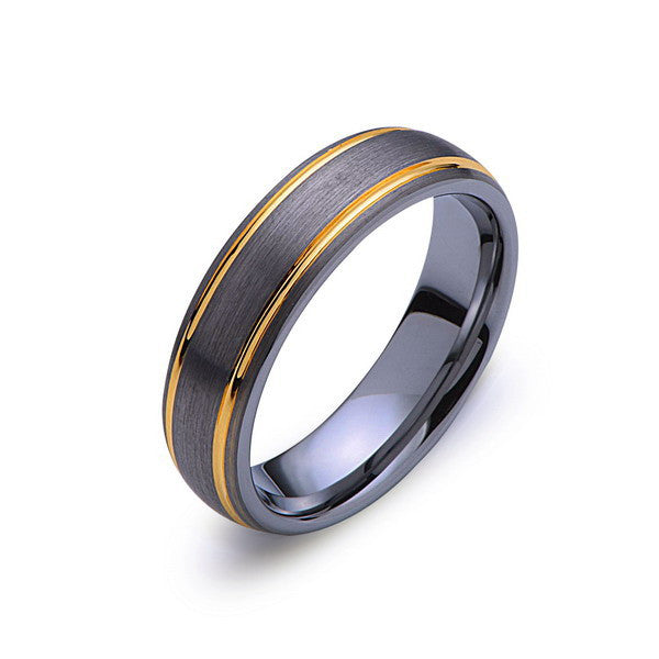 Brushed Gray Tungsten Wedding Band - Yellow Gold Tungsten Ring - 6mm Band -  Engagement Ring - LUXURY BANDS LA