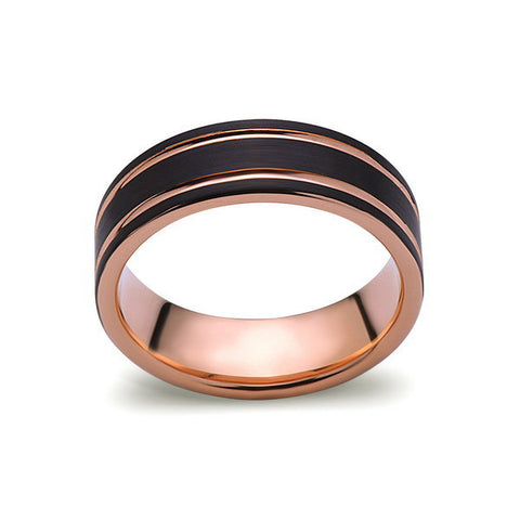 Rose Gold Tungsten Ring - Black Brushed Wedding Band - 8 mm Ring - Unique Engagement Band - Comfort Fit - LUXURY BANDS LA