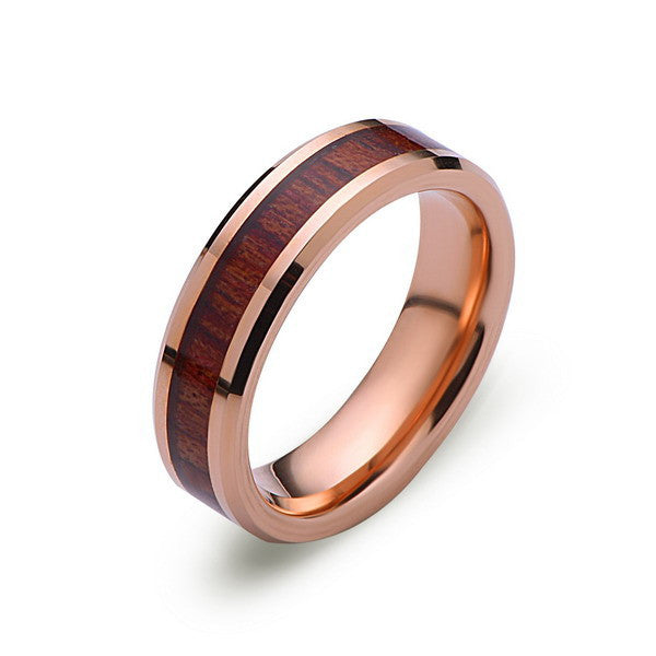 Koa Wood Wedding Ring - Rose Gold Tungsten Band - Hawaiian Koa Wood - 6mm - Mens - Comfort Fit - LUXURY BANDS LA
