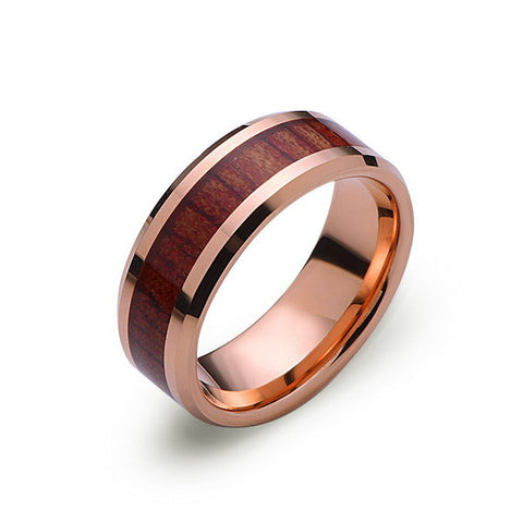 Koa Wood Wedding Ring - Rose Gold Tungsten Band - Hawaiian Koa Wood - 8mm - Mens - Comfort Fit - LUXURY BANDS LA