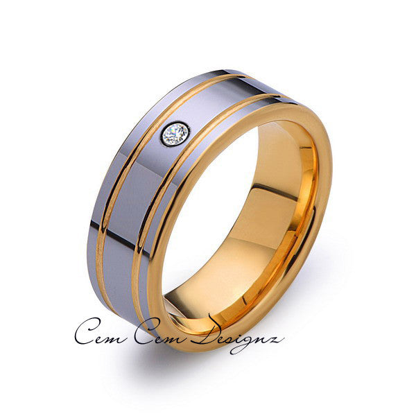 8mm,Mens,Diamond,Yellow Gold,Wedding Band,unique,high polish,Yellow Gold,Tungsten Ring,Comfort Fit - LUXURY BANDS LA