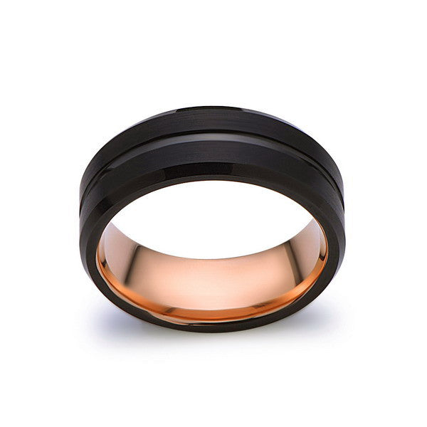 Rose Gold Tungsten Wedding Band - Black Groove Brushed Ring - 8mm Ring - Unique Engagment Band - Comfor Fit - LUXURY BANDS LA