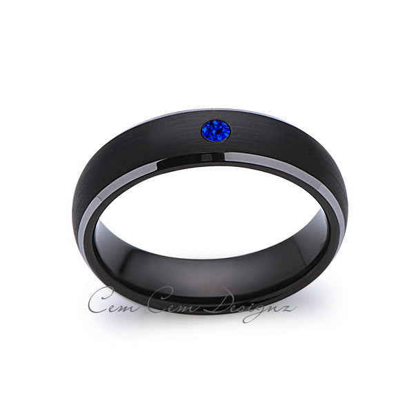 6 mm,Black and Gray Tungsten,Blue Sapphire,Band,Gun Metal,Black Brushed,Tungsten Rings,Mens Wedding Band,Comfort Fit - LUXURY BANDS LA