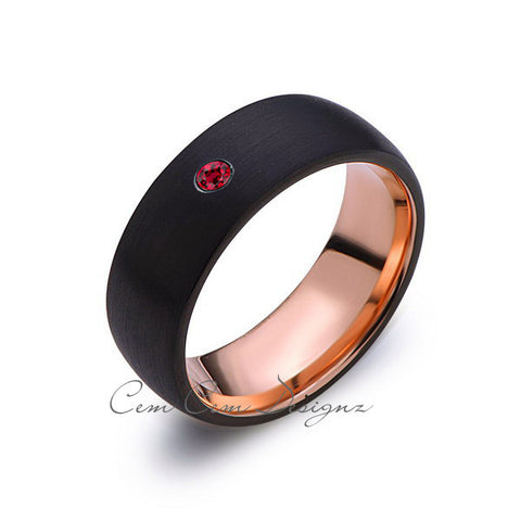 8mm,Mens,Red Ruby,Black Brushed,Rose Gold,Tungsten Ring,Birthstone,Wedding Band,Comfort Fit - LUXURY BANDS LA