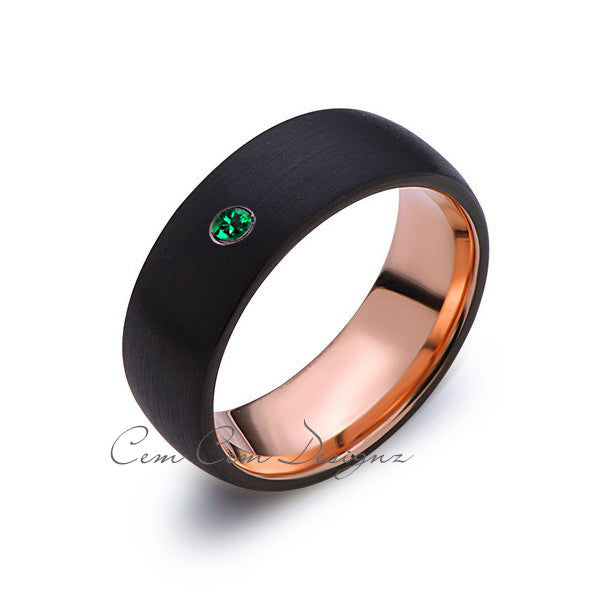 8mm,Mens,Green Emerald,Black Brushed,Rose Gold,Tungsten Ring,Birthstone,Wedding Band,Comfort Fit - LUXURY BANDS LA