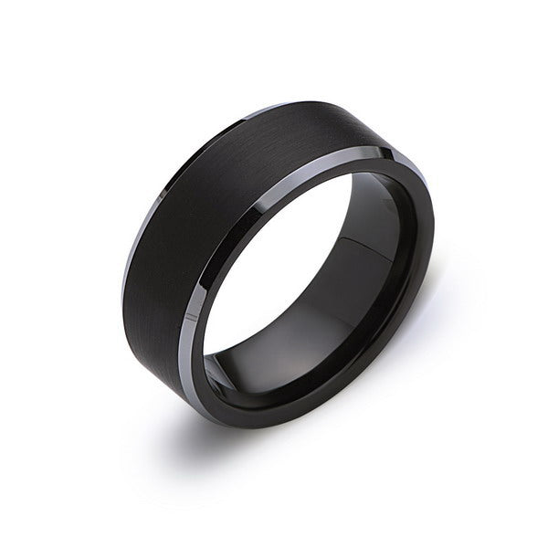 Black Tungsten Wedding Ring - 8MM - Brushed - Beveled High Polish Edge