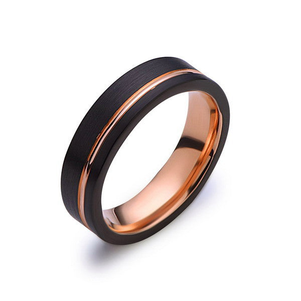 Rose Gold Tungsten Wedding Band - Black Groove Brushed Ring - 6mm Ring - Unique Engagment Band - Comfor Fit - LUXURY BANDS LA