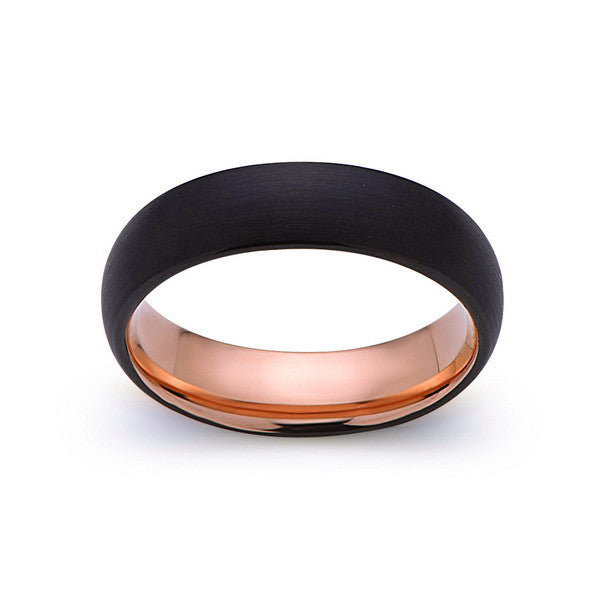 Rose Gold Tungsten Wedding Band - Black Dome Brushed Ring - 6mm Ring - Unique Engagment Band - Comfor Fit - LUXURY BANDS LA
