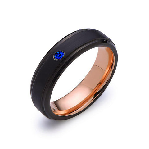 6mm,Mens,Blue Sapphire Band,Black Brushed,Rose Gold,Tungsten Ring,Rose Gold,Wedding Ring,Comfort Fit - LUXURY BANDS LA
