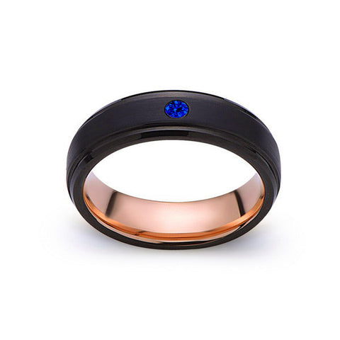 6mm,Mens,Blue Sapphire Band,Black Brushed,Rose Gold,Tungsten Ring,Rose Gold,Wedding Ring,Comfort Fit - LUXURY BANDS LA