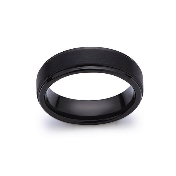 Black Tungsten Wedding Band - Brushed Black Ring - 6MM - Stepped Edges - Unisex Ring - Tungsten Carbide- Engagement Band - Comfort Fit - LUXURY BANDS LA