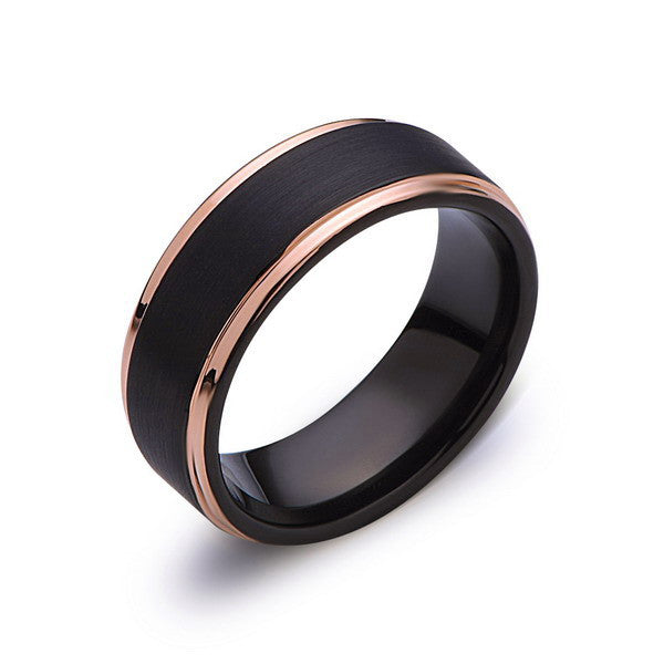 Black Tungsten Wedding Band - Black Brushed Ring - Rose Gold - 8mm Ring - Mens Ring - LUXURY BANDS LA