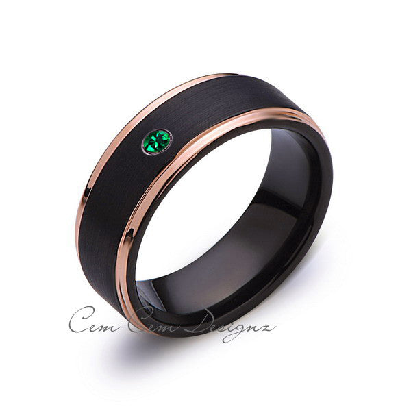 8mm,Mens,Green Emerald Band,Black Brushed,Rose Gold,Tungsten Ring,Birth Stone,Wedding Ring,Comfort Fit - LUXURY BANDS LA