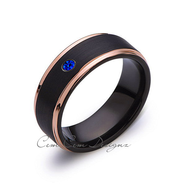 8mm,Mens,Blue Sapphire Band,Black Brushed,Rose Gold,Tungsten Ring,Rose Gold,Wedding Ring,Comfort Fit - LUXURY BANDS LA