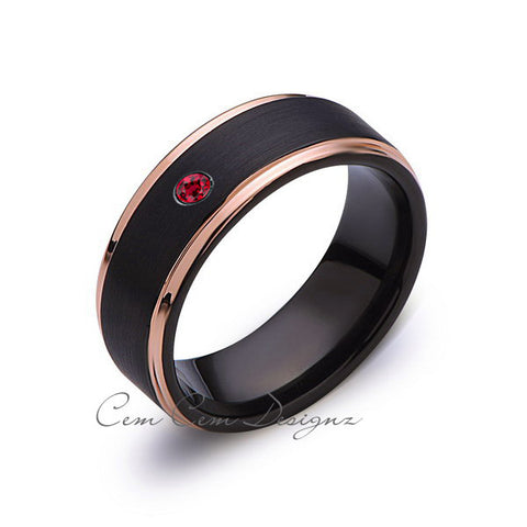 8mm,Mens,Red Ruby,Birthstone Band,Black Brushed,Rose Gold,Tungsten Ring,Rose Gold,Wedding Ring Comfort Fit - LUXURY BANDS LA