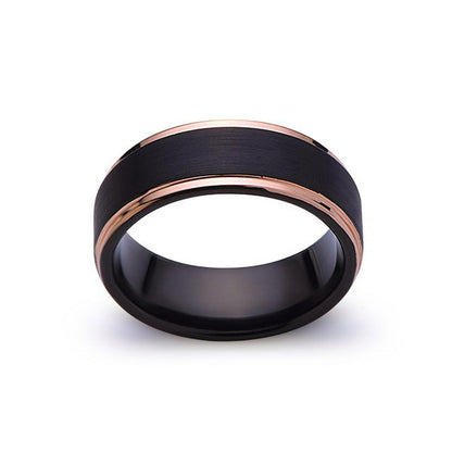 Black Tungsten Wedding Band - Black Brushed Ring - Rose Gold - 8mm Ring - Mens Ring - LUXURY BANDS LA