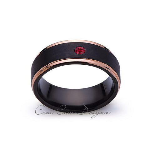 8mm,Mens,Red Ruby,Birthstone Band,Black Brushed,Rose Gold,Tungsten Ring,Rose Gold,Wedding Ring Comfort Fit - LUXURY BANDS LA