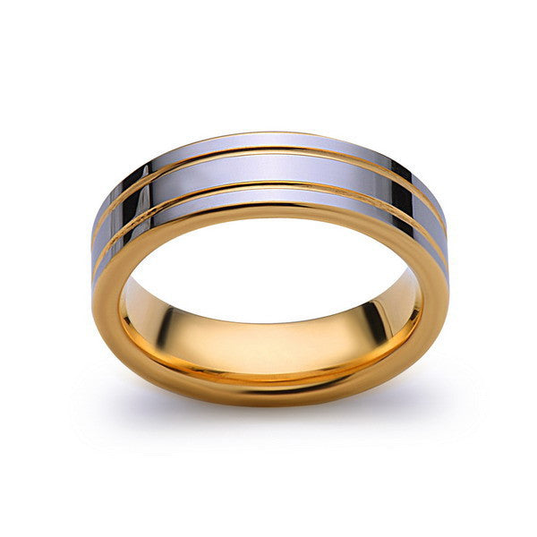 Yellow Gold Tungsten Band - High Polish Silver Ring - Yellow Groove - 6mm Band - Engagement Ring - Unisex - Tungsten Band - LUXURY BANDS LA