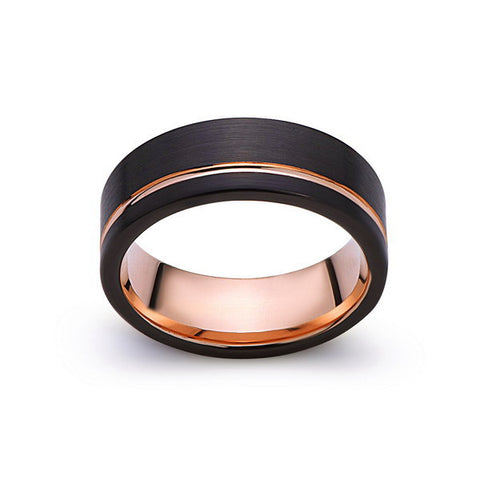 Rose Gold Tungsten Wedding Band - Black - Rose Groove Brushed Ring - 8mm Ring - Unique Engagment Band - Comfor Fit - LUXURY BANDS LA