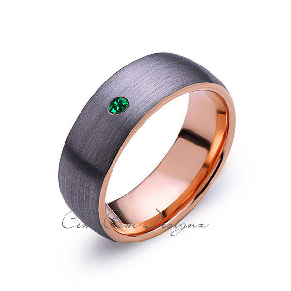 8mm,Mens,Green Emerald,Gray Brushed,Rose Gold,Tungsten Ring,Rose Gold,Birthstone,Wedding Band,Comfort Fit - LUXURY BANDS LA