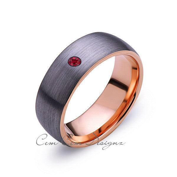 8mm,Mens,Red Ruby,Gray Brushed,Rose Gold,Tungsten Ring,Rose Gold,Birthstone,Wedding Band,Comfort Fit - LUXURY BANDS LA