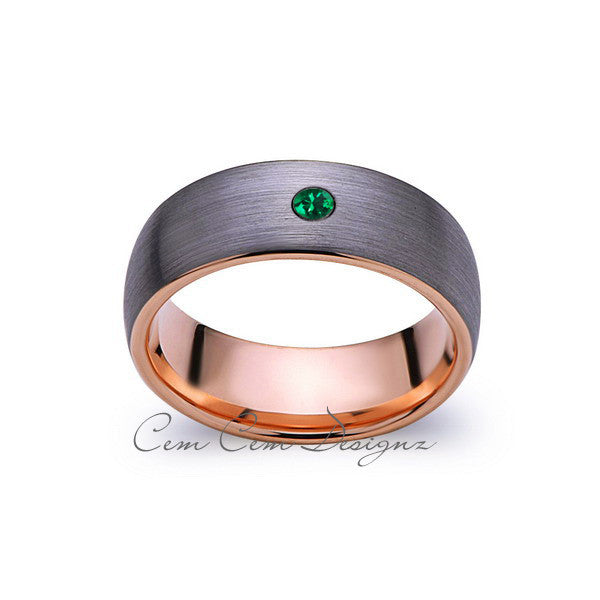 8mm,Mens,Green Emerald,Gray Brushed,Rose Gold,Tungsten Ring,Rose Gold,Birthstone,Wedding Band,Comfort Fit - LUXURY BANDS LA