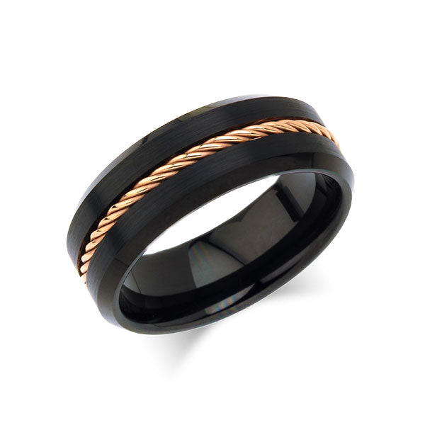 Brushed Black Tungsten Wedding Band -  Mens Rose Gold Rope Engagement Ring  - Unique - Comfort Fit - LUXURY BANDS LA