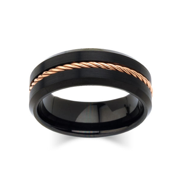 Brushed Black Tungsten Wedding Band -  Mens Rose Gold Rope Engagement Ring  - Unique - Comfort Fit - LUXURY BANDS LA