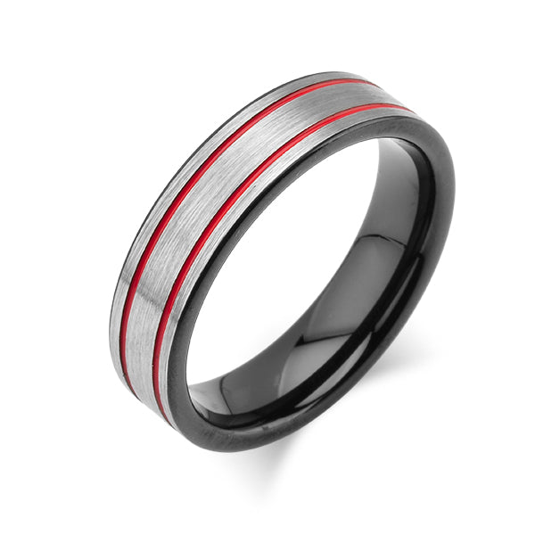 Grey Brushed Tungsten Ring -Red Mens Wedding Band - 6mm - Mens Ring - Tungsten Carbide - Unique Design - Comfort Fit - LUXURY BANDS LA