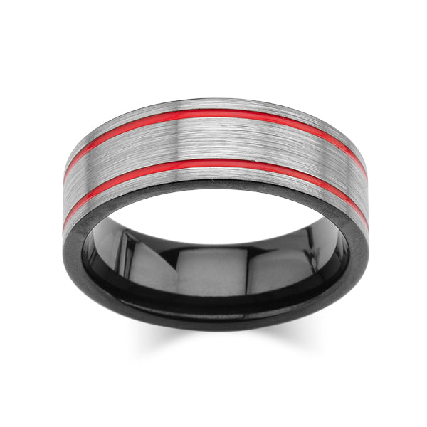 Grey Brushed Tungsten Ring -Red Mens Wedding Band - 8mm - Mens Ring - Tungsten Carbide - Unique Design - Comfort Fit - LUXURY BANDS LA