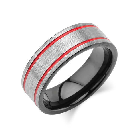 Grey Brushed Tungsten Ring -Red Mens Wedding Band - 8mm - Mens Ring - Tungsten Carbide - Unique Design - Comfort Fit - LUXURY BANDS LA