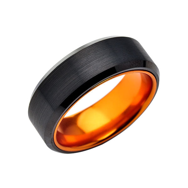 Orange Tungsten Wedding Band - New Black Brushed Ring - 8mm Ring - Unique Orange Engagement Band - Comfort Fit - LUXURY BANDS LA