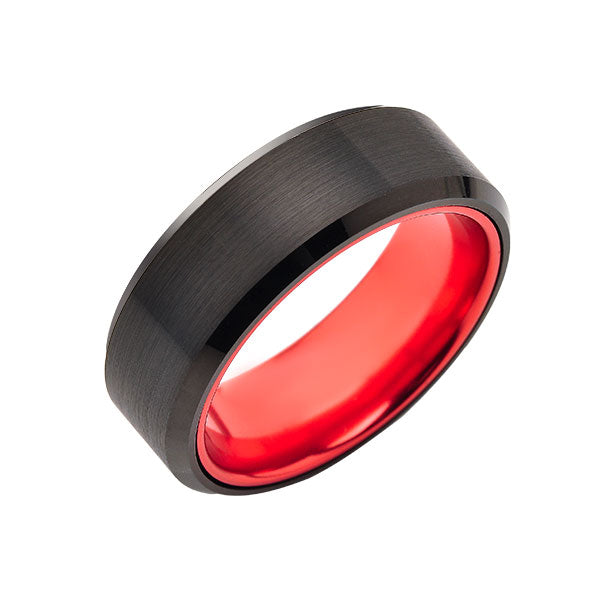 Red Tungsten Wedding Band - New Black Brushed Ring - 8mm Ring - Unique Red Engagement Band - Comfort Fit - LUXURY BANDS LA