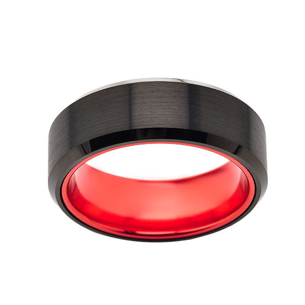 Red Tungsten Wedding Band - New Black Brushed Ring - 8mm Ring - Unique Red Engagement Band - Comfort Fit - LUXURY BANDS LA