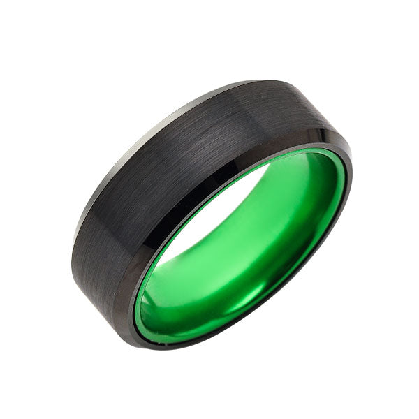 Green Tungsten Wedding Band - New Black Brushed Ring - 8mm Ring - Unique Green Engagement Band - Comfort Fit - LUXURY BANDS LA