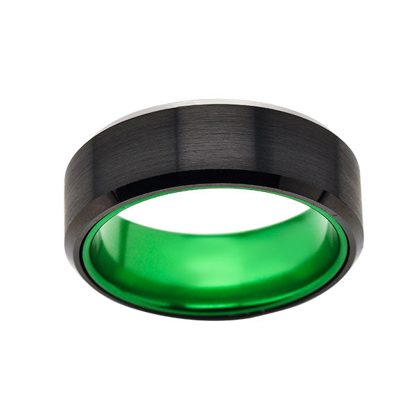 Green Tungsten Wedding Band - New Black Brushed Ring - 8mm Ring - Unique Green Engagement Band - Comfort Fit - LUXURY BANDS LA