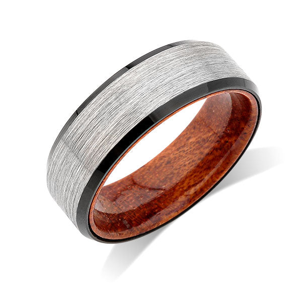 Koa Wood Wedding Ring - 8MM - Gray Gunmetal Brushed Tungsten Band - Hawaiian Koa Wood - Comfort Fit - LUXURY BANDS LA
