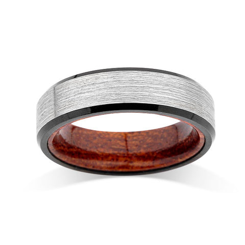 Koa Wood Wedding Ring - 6MM - Gray Gunmetal Brushed Tungsten Band - Hawaiian Koa Wood - Comfort Fit - LUXURY BANDS LA
