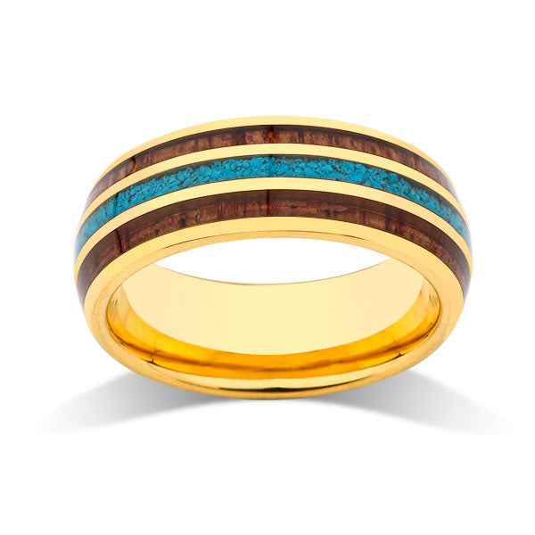 Yellow Gold Koa Wood Wedding Ring - Turquoise Tungsten Engagement Band - 8mm - Comfort Fit