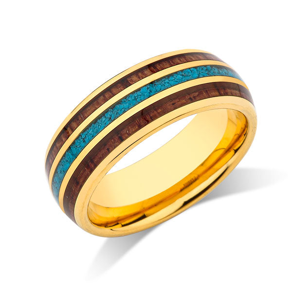 Yellow Gold Koa Wood Wedding Ring - Turquoise Tungsten Engagement Band - 8mm - Comfort Fit