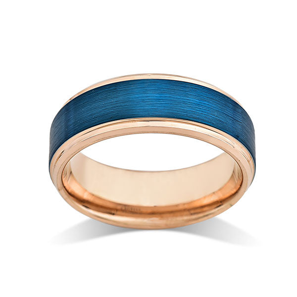 Blue Tungsten Wedding Band - Rose Gold - Stepped Edges - Brushed Tungsten Ring - 8mm - Mens Ring - Tungsten Carbide - Unique - Engagement Band - Comfort Fit